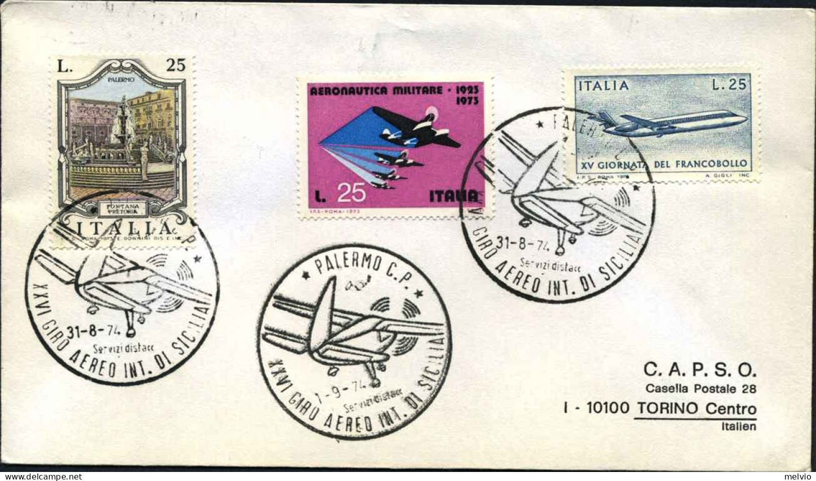 1974-lettera Variamente Affrancata Con Annullo Palermo XXVI Giro Aereo Int.di Si - Airmail