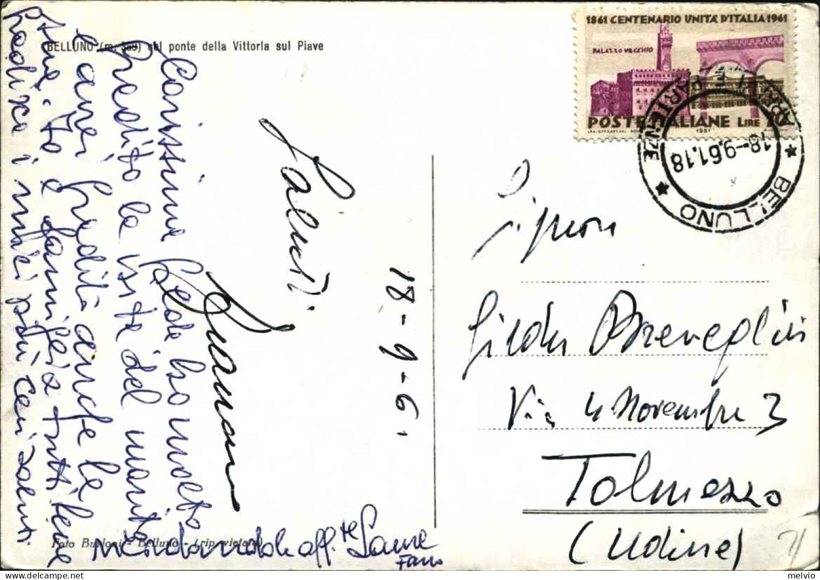 1961-cartolina Belluno Col Ponte Della Vittoria Sul Piave Affrancata L.70 Unita' - Belluno