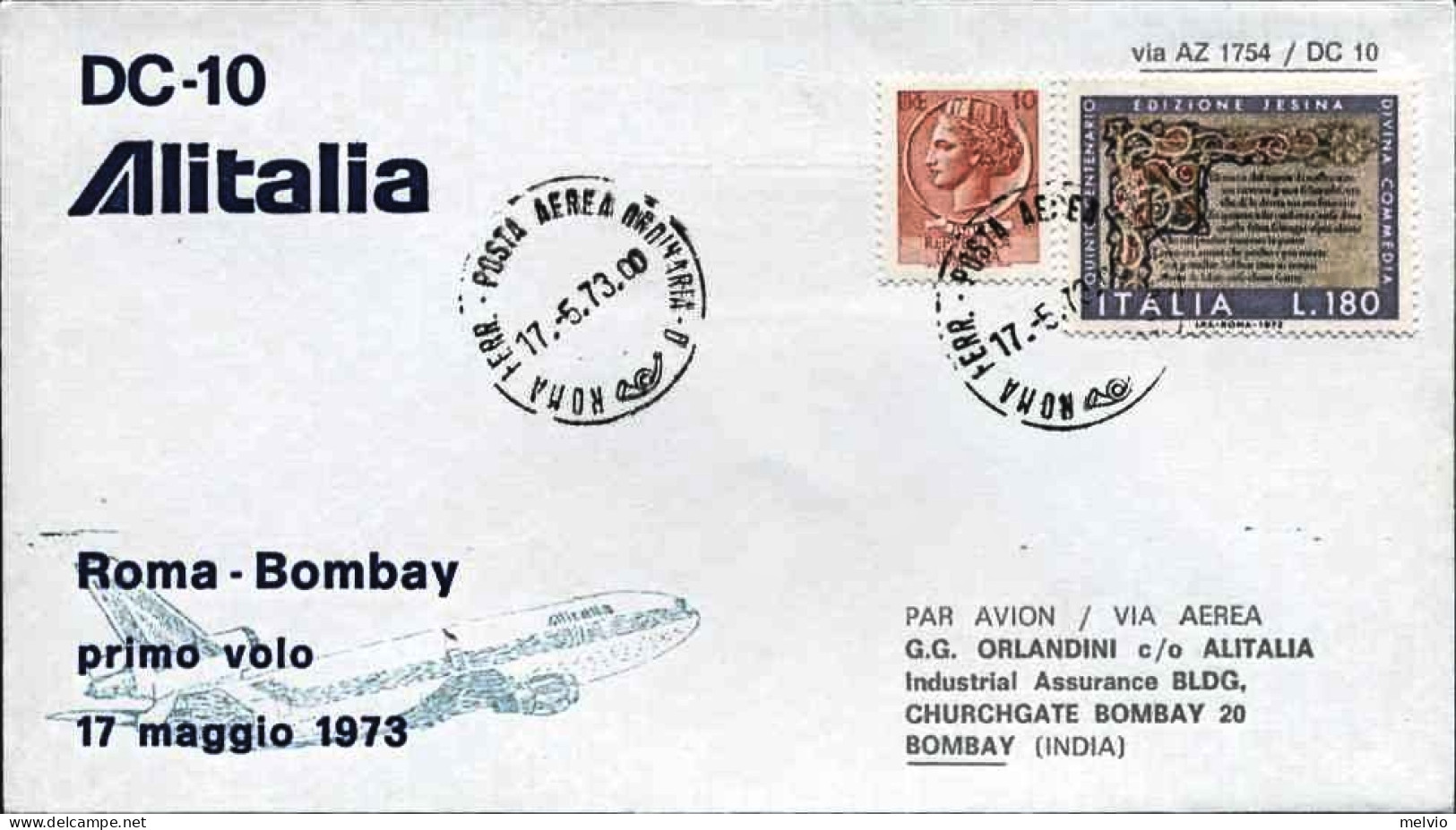 1973-I^volo DC 10 Alitalia Roma Bombay Del 17 Maggio - Poste Aérienne