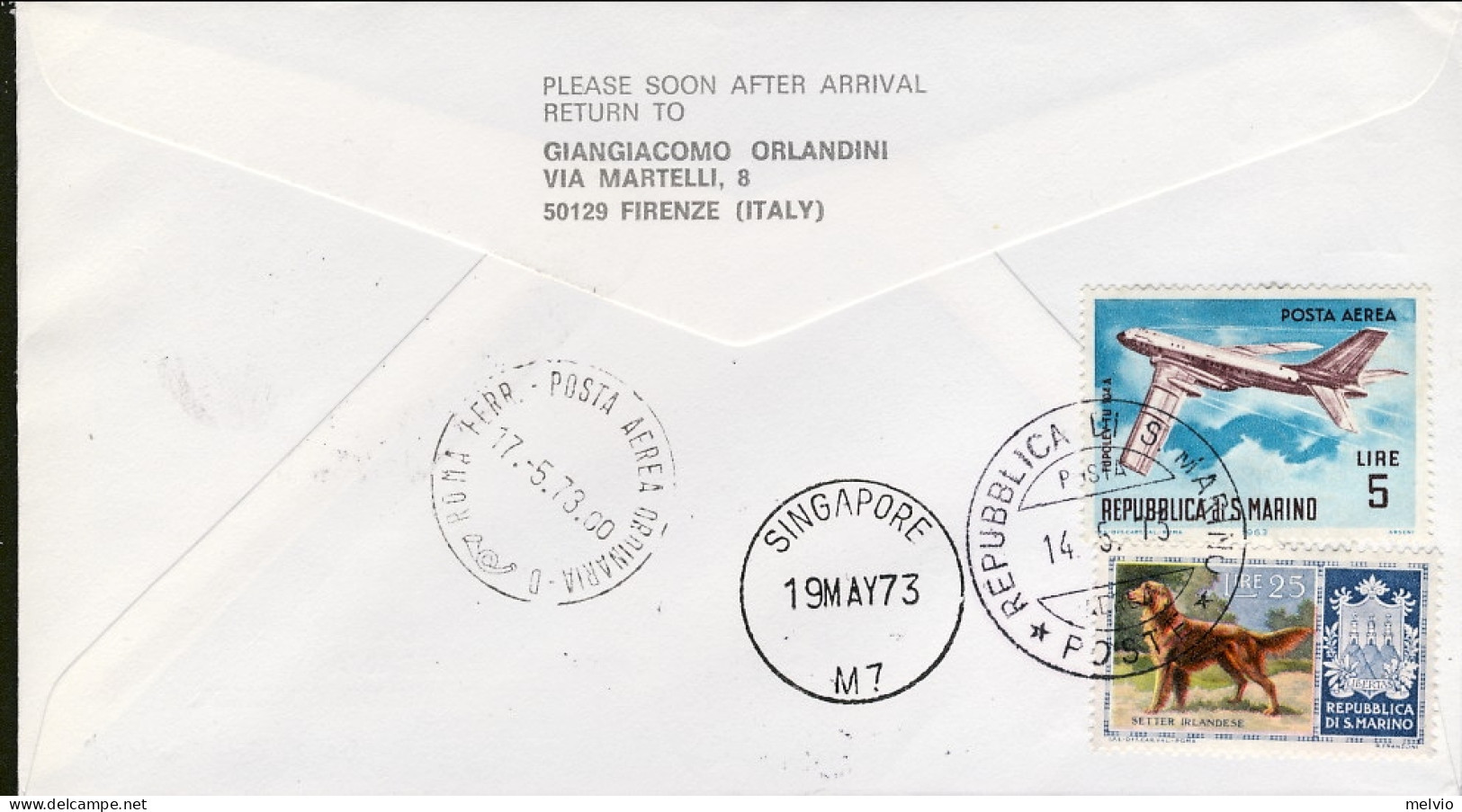 San Marino-1973 I^volo DC 10 Alitalia Roma Singapore Del 17 Maggio,al Verso Affr - Airmail