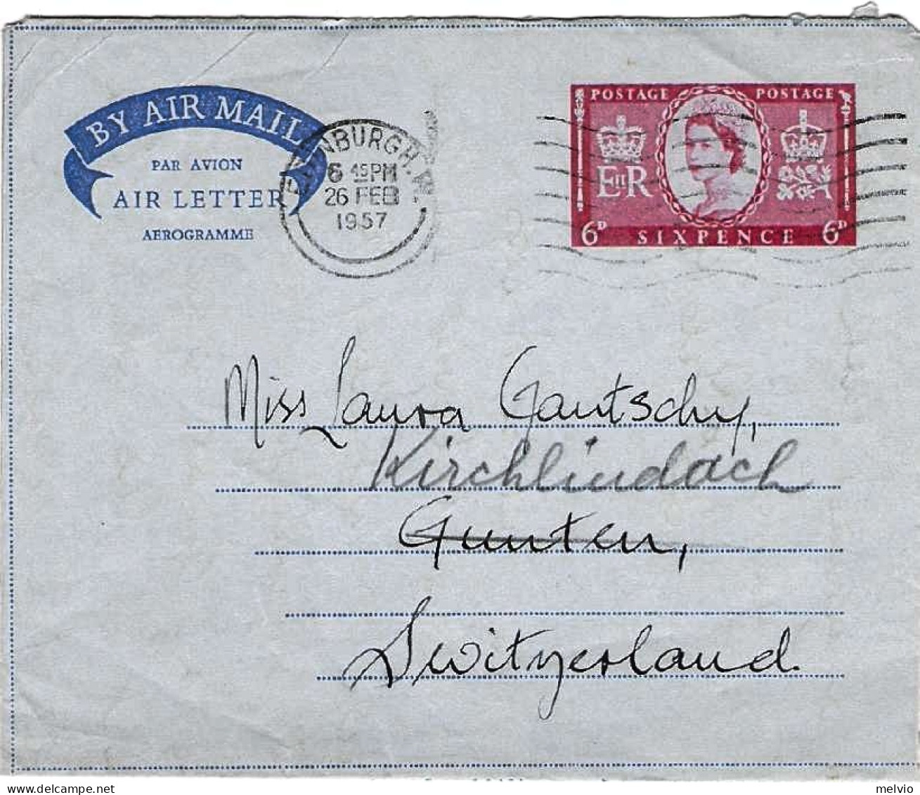 1957-Gran Bretagna Diretta In Svizzera Al Verso Bollo D'arrivo Figurato Gunten - Storia Postale
