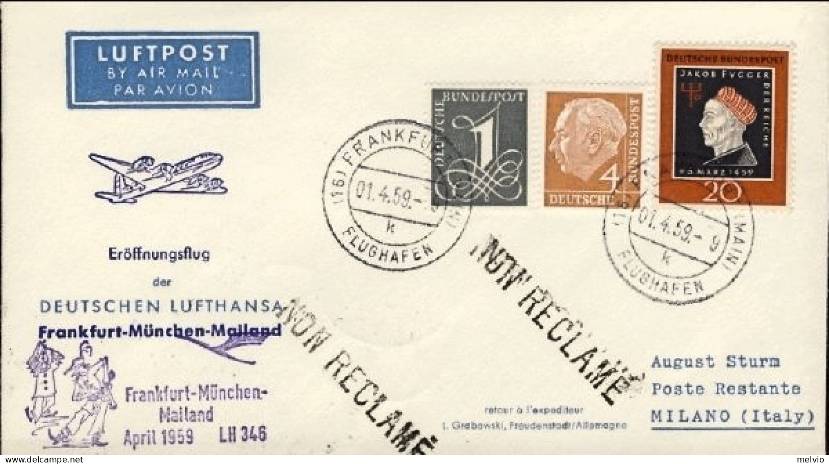 1959-Germania Lufthansa LH346 I^volo Francoforte-Milano Del 1 Aprile - Storia Postale