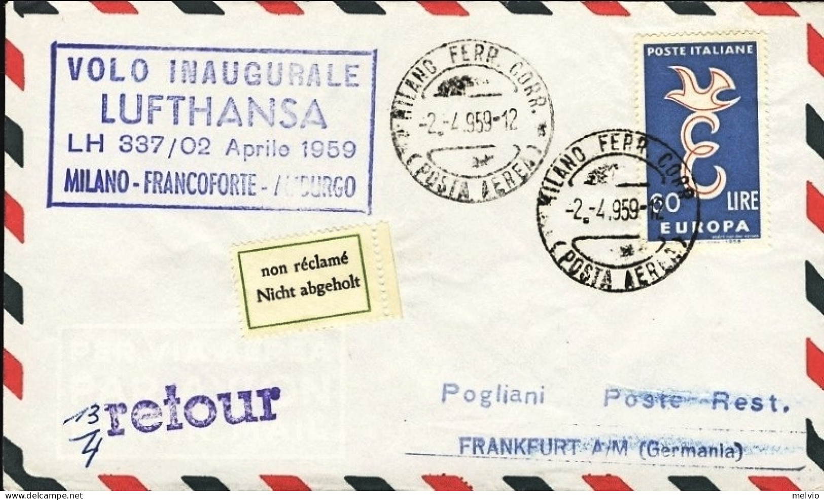 1959-Lufthansa LH337 I^volo Milano-Francoforte Del 2 Aprile - Posta Aerea