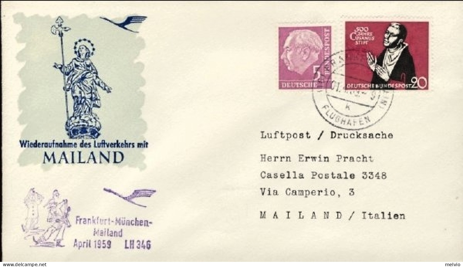 1959-Germania Lufthansa LH346 I^volo Francoforte-Milano Del 1 Aprile - Brieven En Documenten