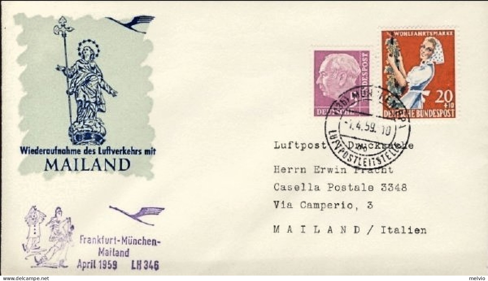 1959-Germania Lufthansa LH346 I^volo Monaco-Milano Del 1 Aprile - Brieven En Documenten