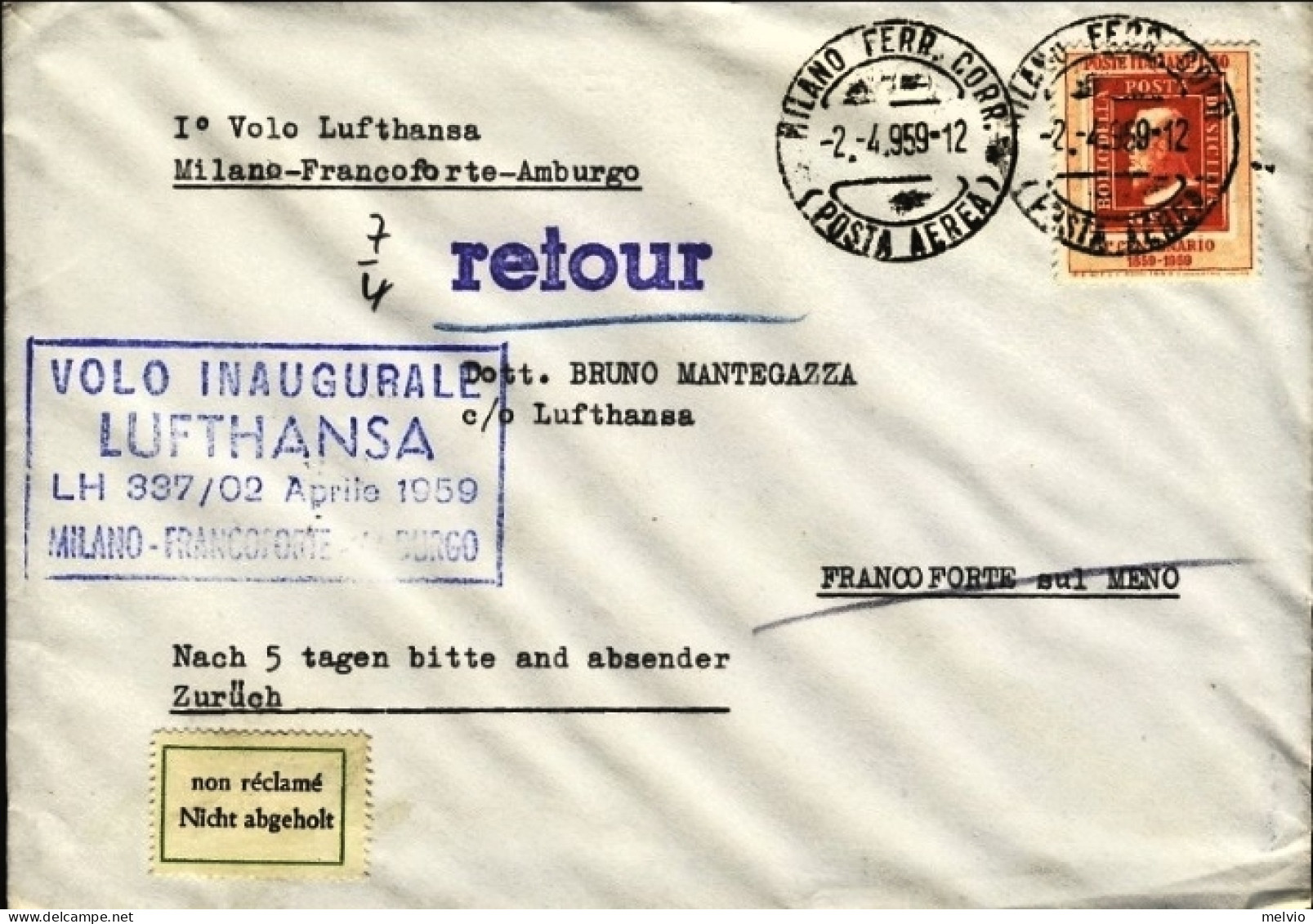 1959-Lufthansa I^volo LH 347 Milano-Francoforte Del 2 Aprile Affr. L.60 Centenar - Poste Aérienne