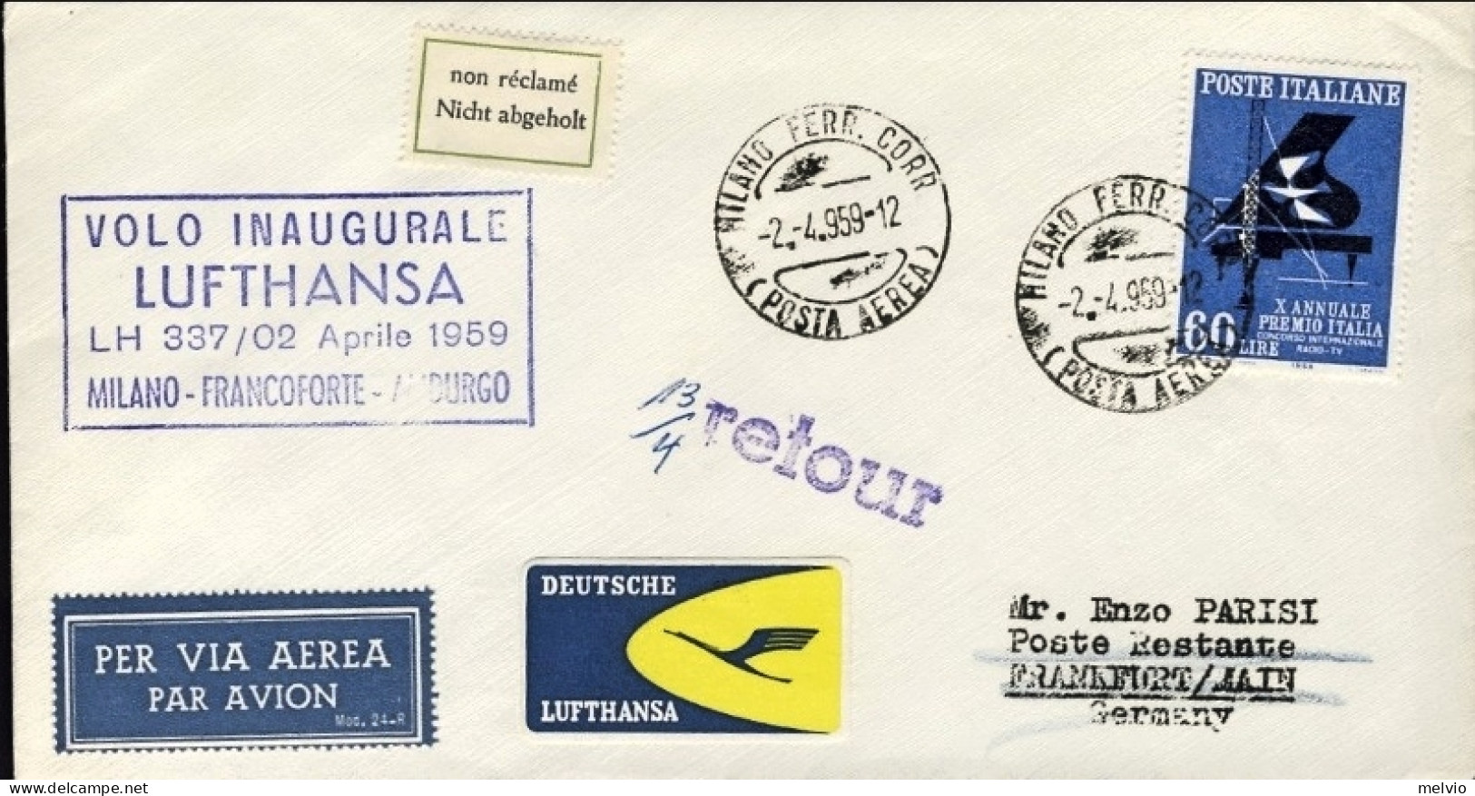 1959-cat.Pellegrini N.934 Euro 50, Lufthansa I^volo LH 337 Milano-Francoforte De - Airmail