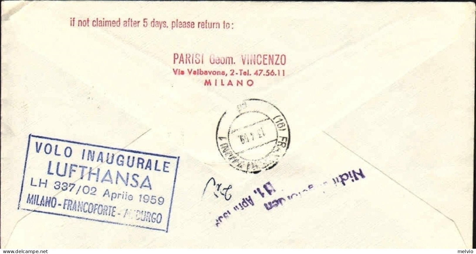 1959-cat.Pellegrini N.934 Euro 50, Lufthansa I^volo LH 337 Milano-Francoforte De - Posta Aerea