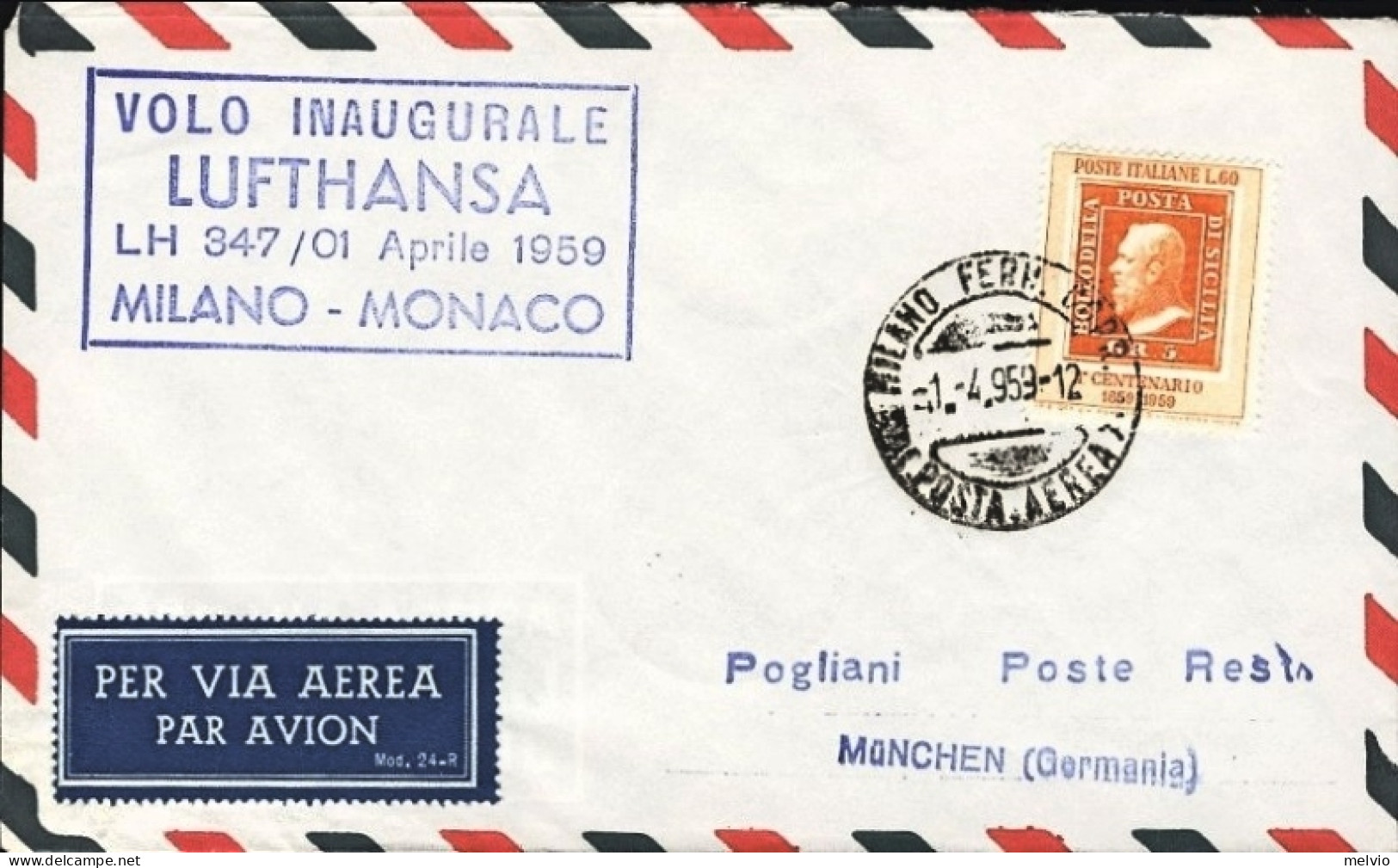 1959-Lufthansa I^volo LH 347 Milano-Monaco Del 1 Aprile Affrancata L.60 Centenar - Poste Aérienne