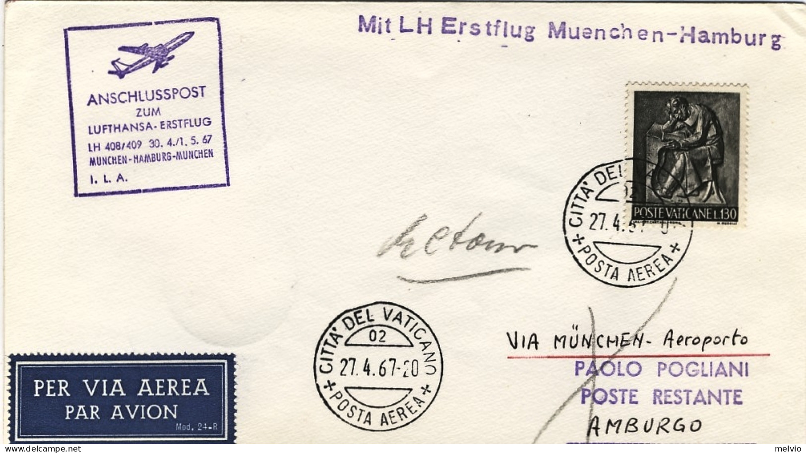 Vaticano-1967 I^volo Lufthansa Monaco-Amburgo Del 30 Aprile - Luchtpost