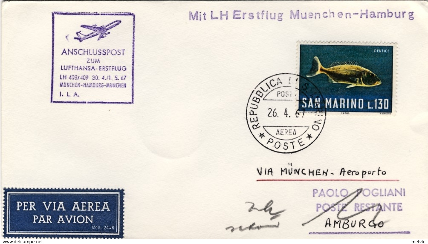 San Marino-1967 I^volo Lufthansa Monaco-Amburgo Del 30 Aprile - Posta Aerea