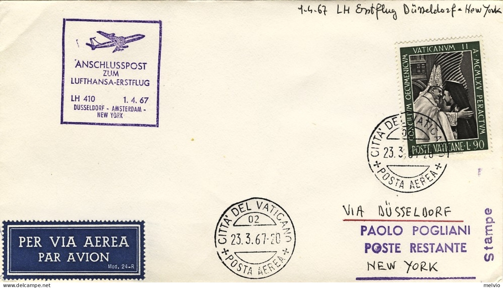 Vaticano-1967 I^volo Lufthansa LH 410 Dusseldorf-New York Del 1 Aprile - Poste Aérienne
