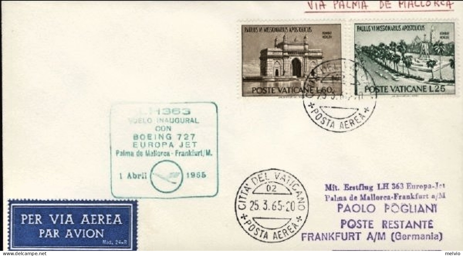 Vaticano-1965 I^volo Lufthansa Palma Di Maiorca-Francoforte Del 1 Aprile - Luftpost