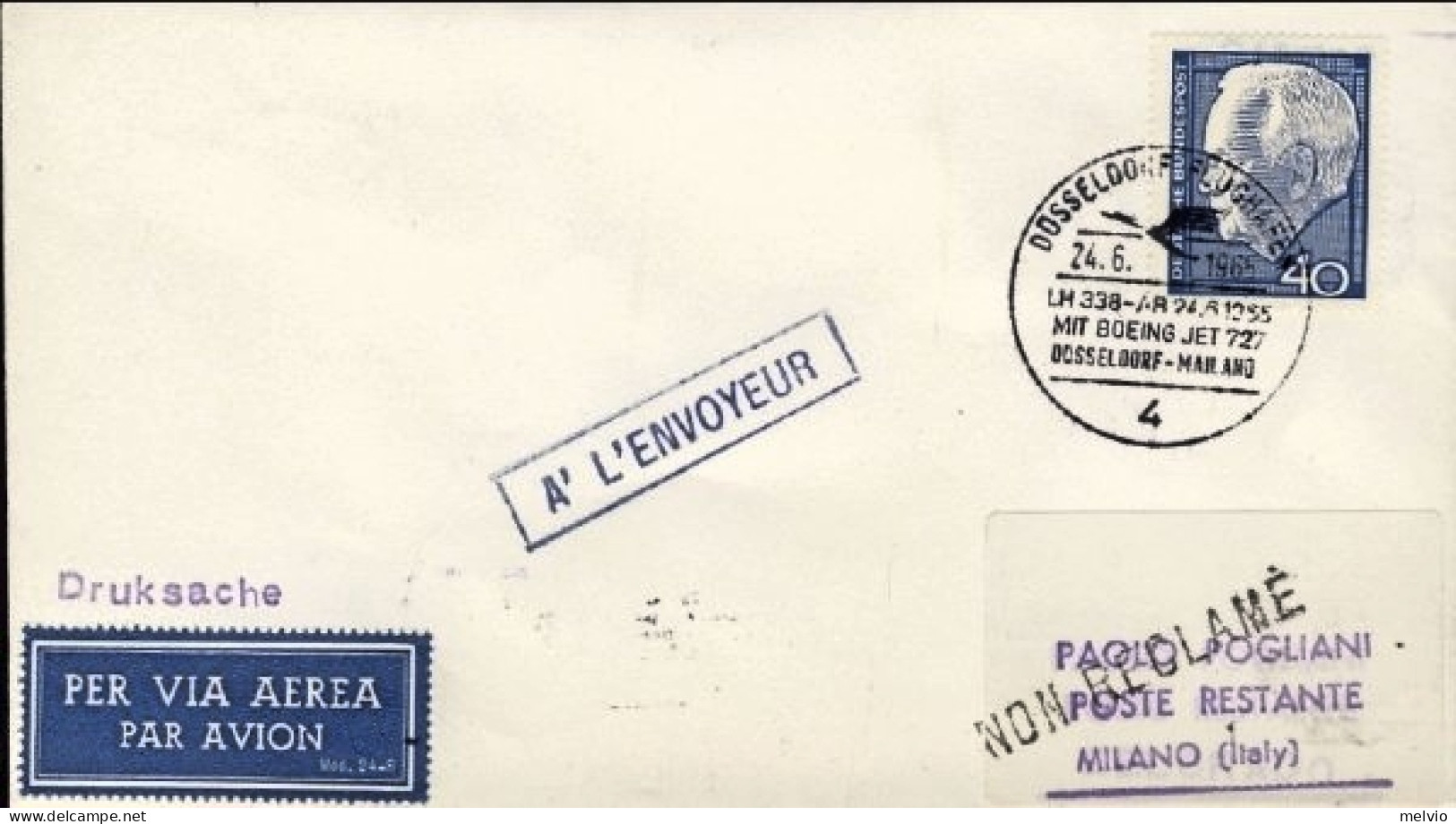 1965-Germania I^volo Lufthansa LH 338 Dusseldorf-Milano Del 24 Giugno - Lettres & Documents