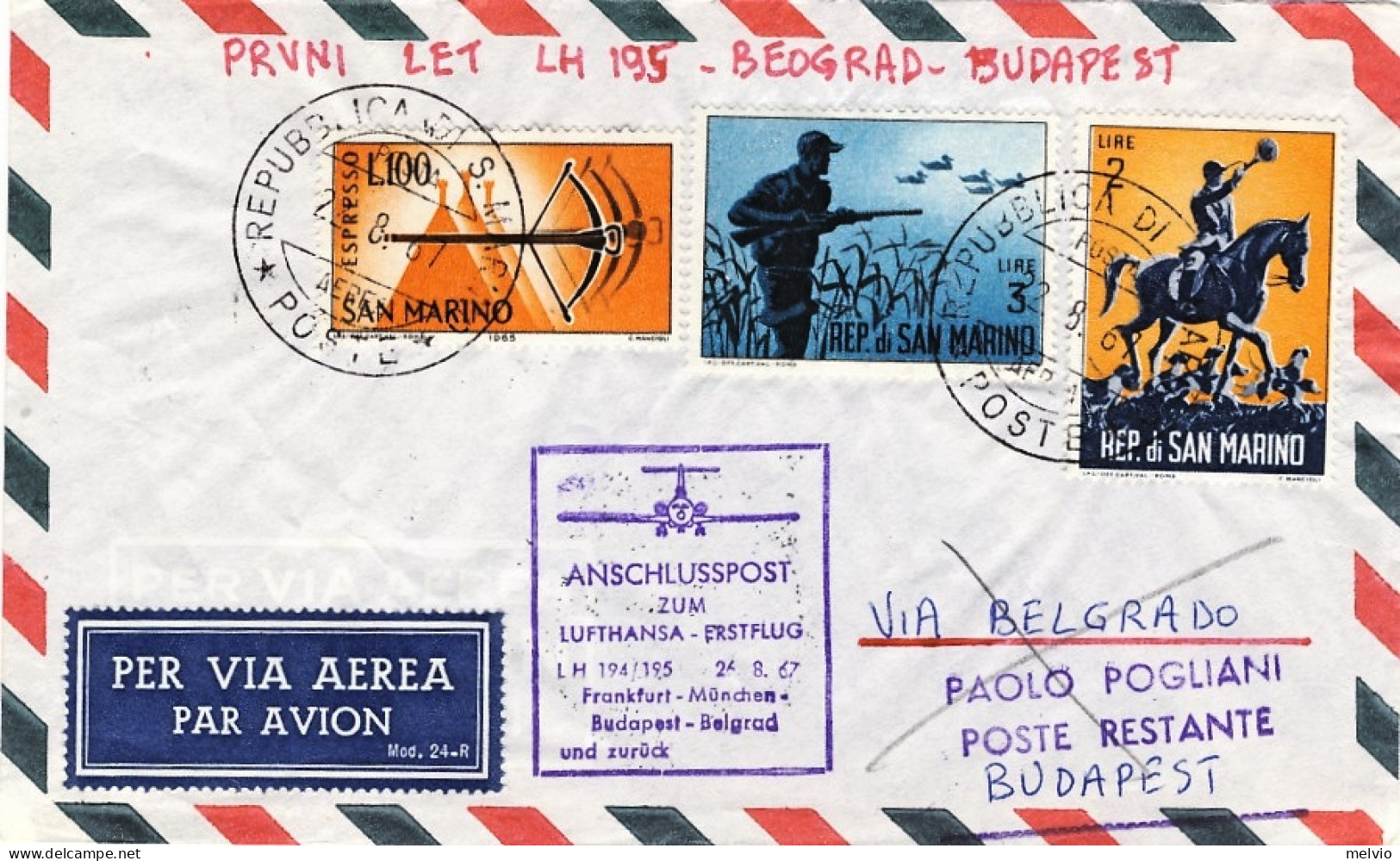 San Marino-1967 I^volo Lufthansa LH 194 Belgrado-Budapest - Luchtpost
