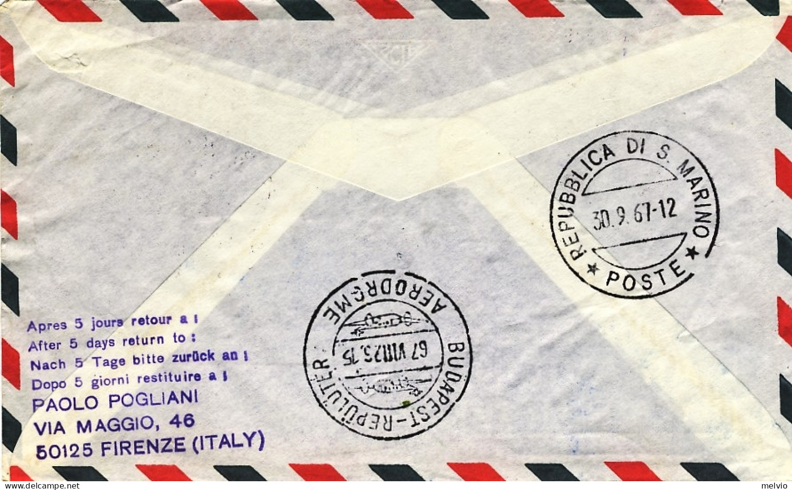 San Marino-1967 I^volo Lufthansa LH 194 Belgrado-Budapest - Posta Aerea