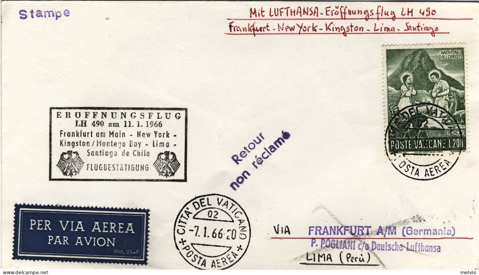 Vaticano-1966 I^volo Lufthansa Francoforte-Lima Del 11 Gennaio - Posta Aerea