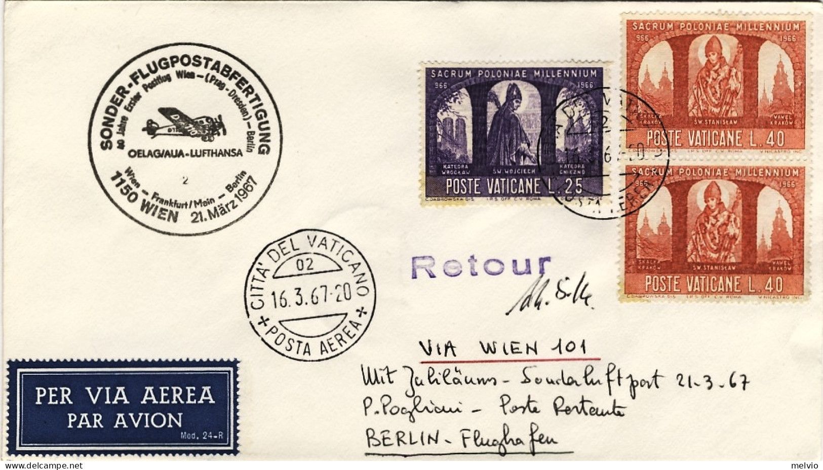 Vaticano-1967 Sonder Flugpostabfertigung Lufthansa Vienna-Berlino Del 21 Marzo - Airmail