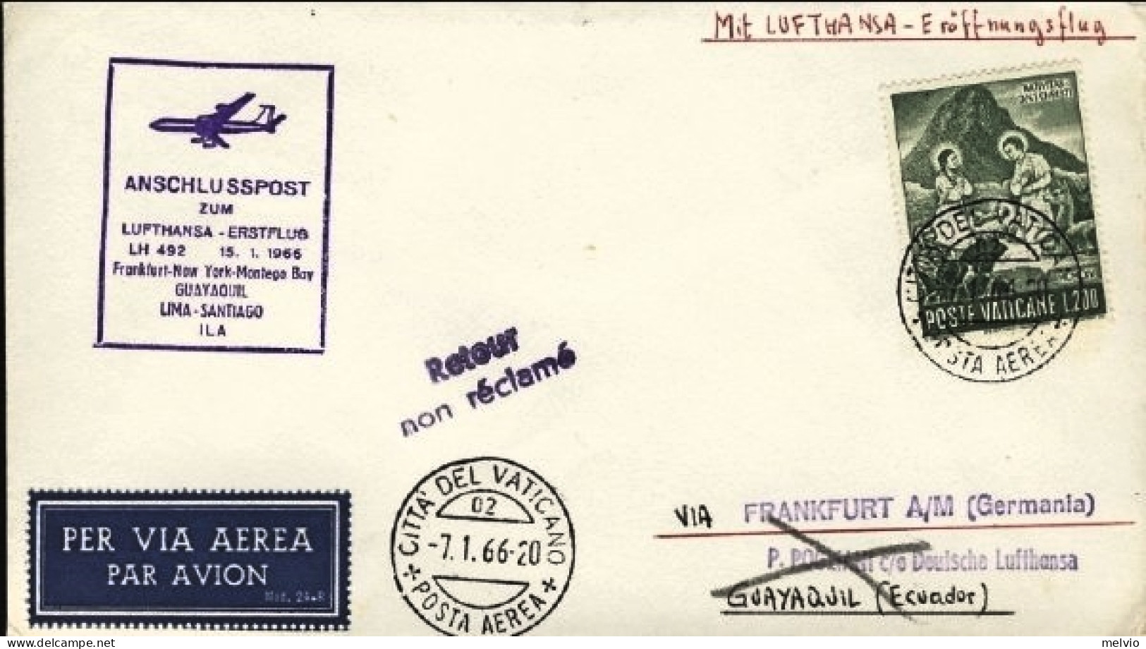 Vaticano-1966 I^volo Lufthansa Francoforte-Guayaquil (Lima) Del 15 Gennaio - Airmail