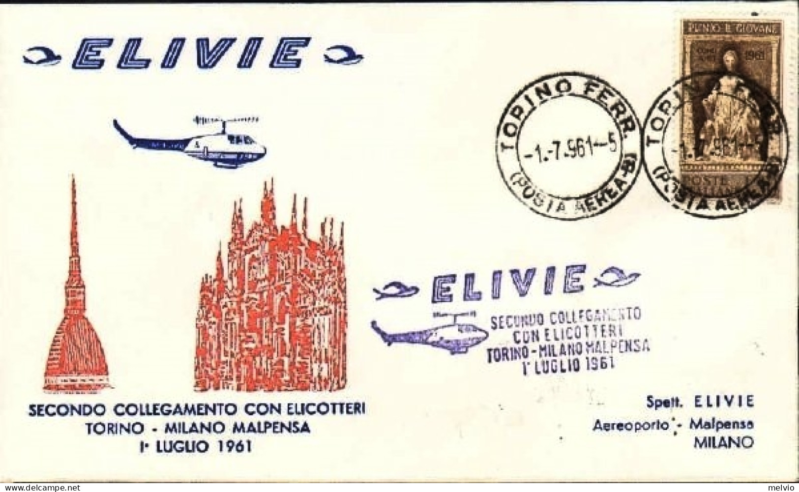 1961-Elivie 2^ Collegamento Con Elicotteri Torino-Milano Malpensa Del 1 Luglio - Poste Aérienne