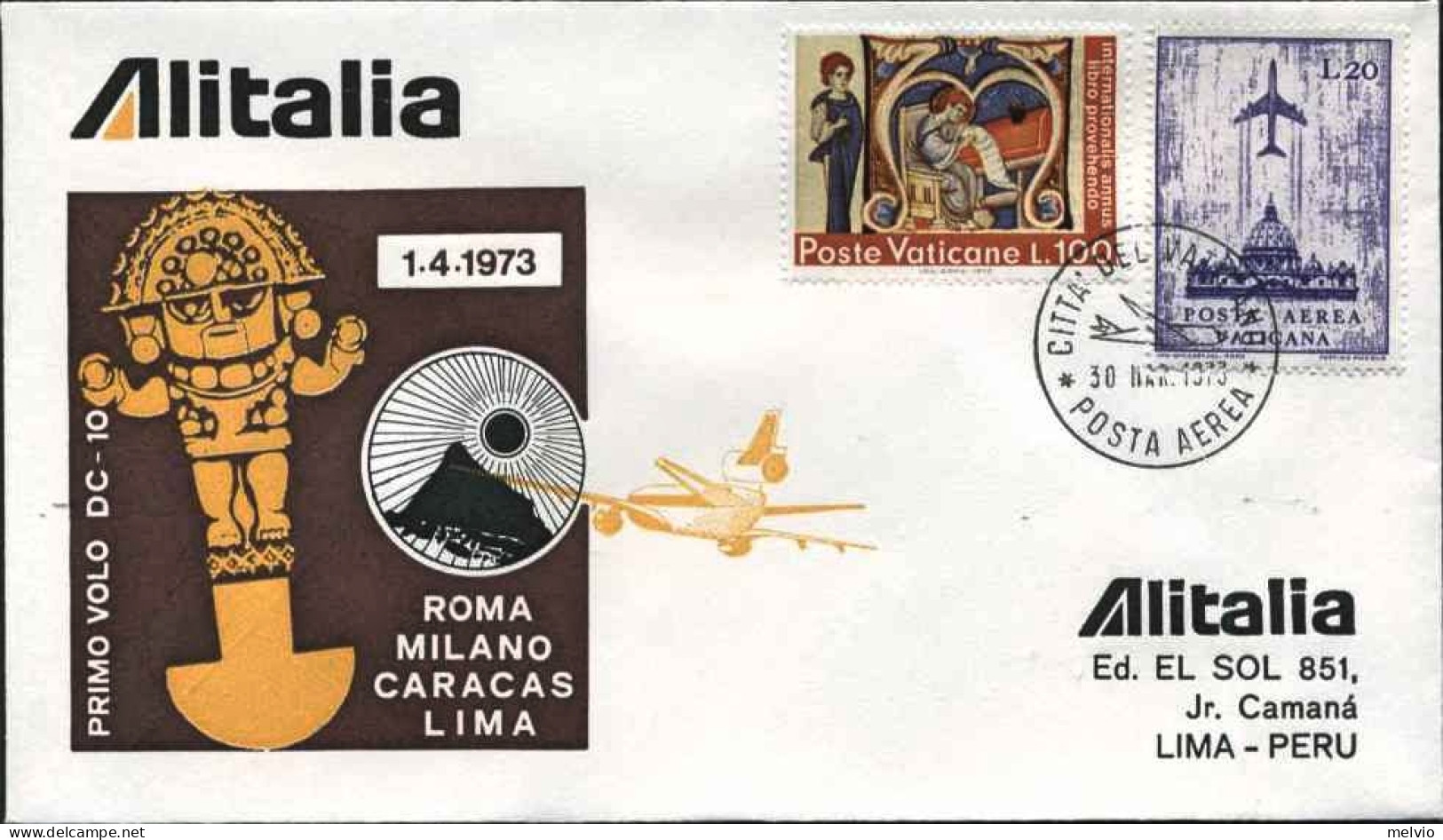 Vaticano-1973  I^volo DC 10 Alitalia Roma Lima (Peru) Del 1 Aprile - Airmail