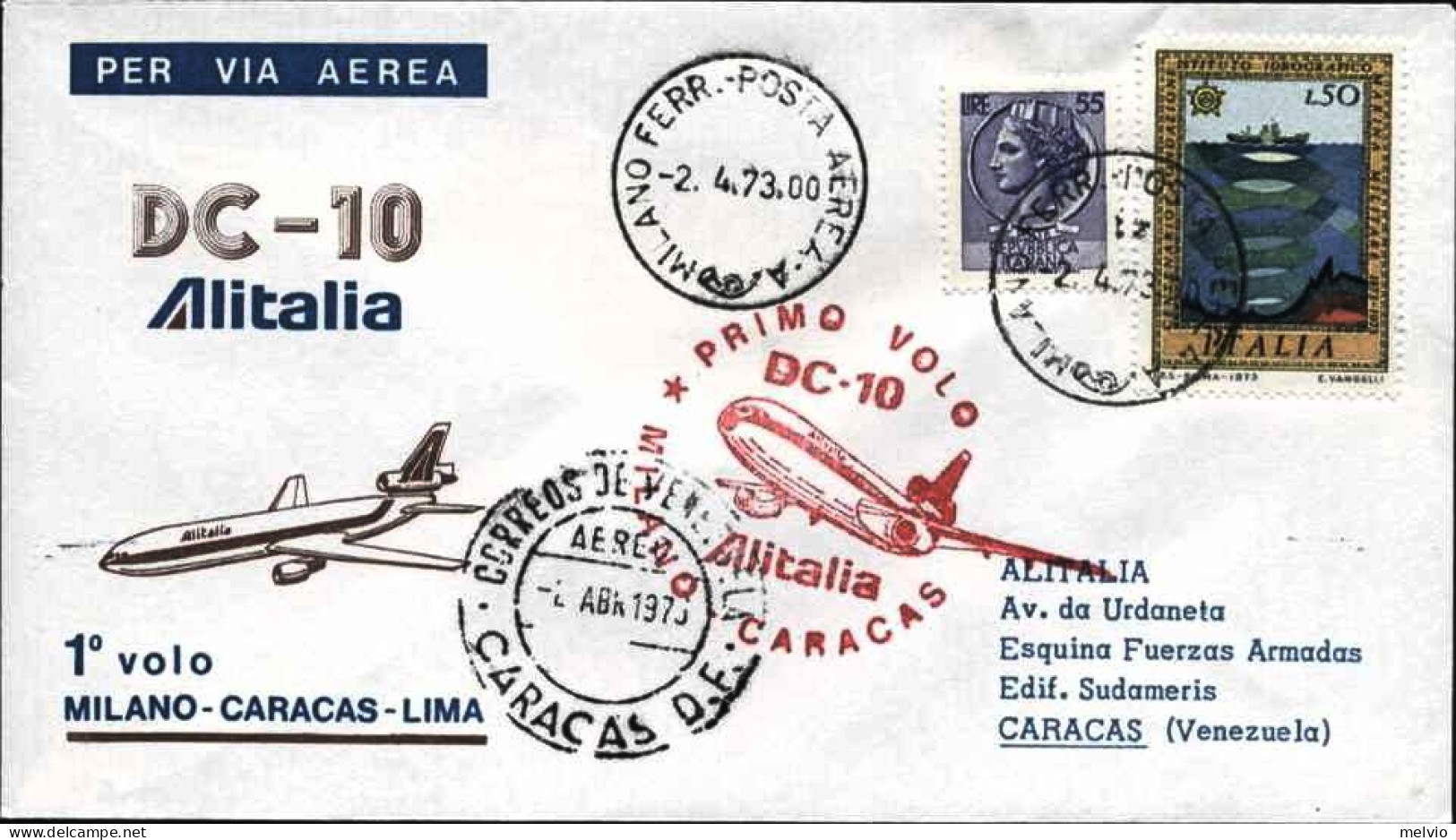 1973-I^volo DC 10 Alitalia Milano Caracas Del 2 Aprile - Poste Aérienne