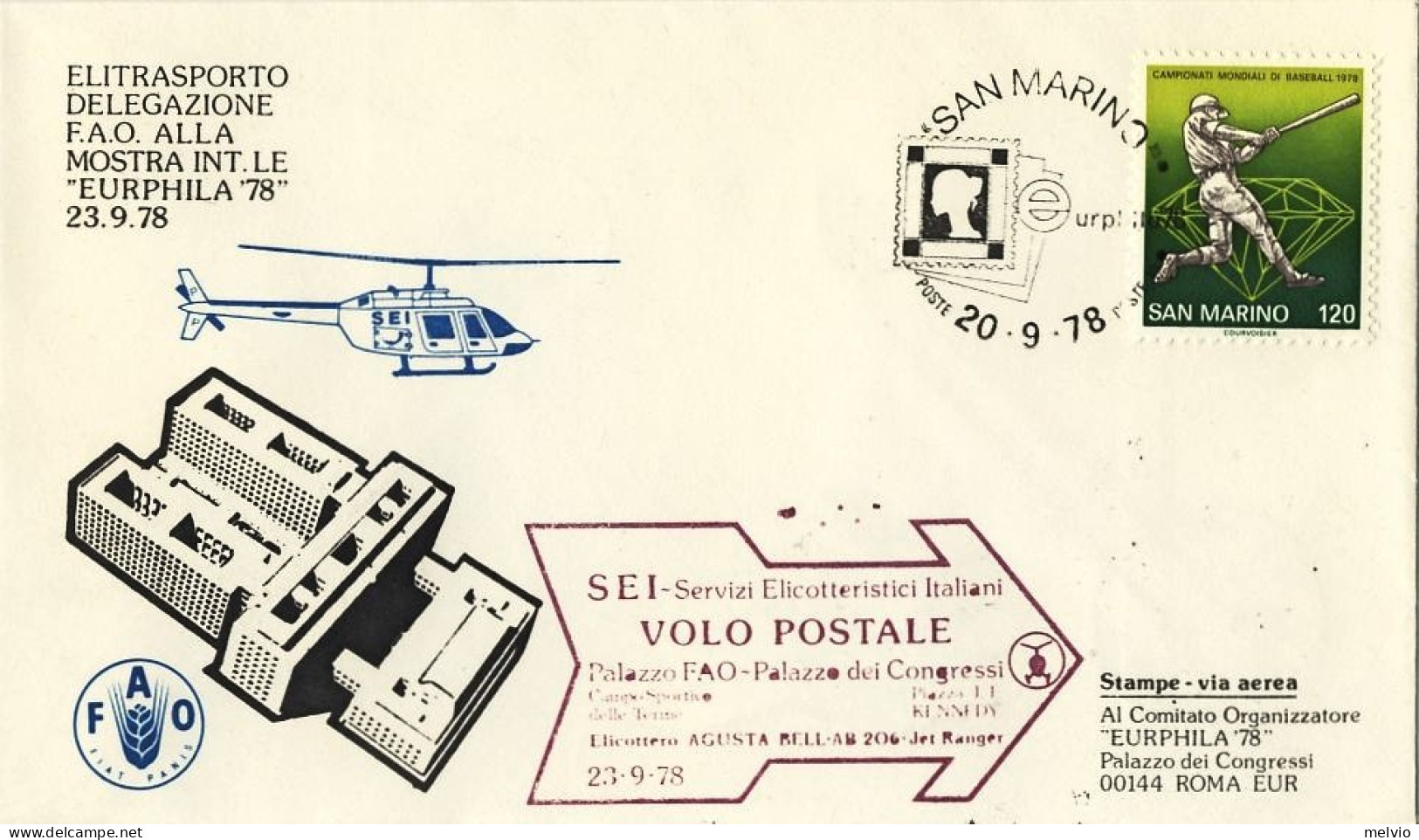 San Marino-1978 Elitrasporto Delegazione F.A.O.alla Mostra Internazionale Eurphi - Poste Aérienne