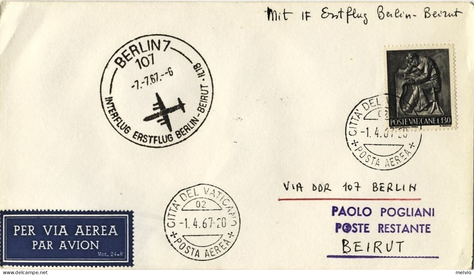 1967-Vaticano Berlino-Beyrouth Del 7 Luglio - Poste Aérienne