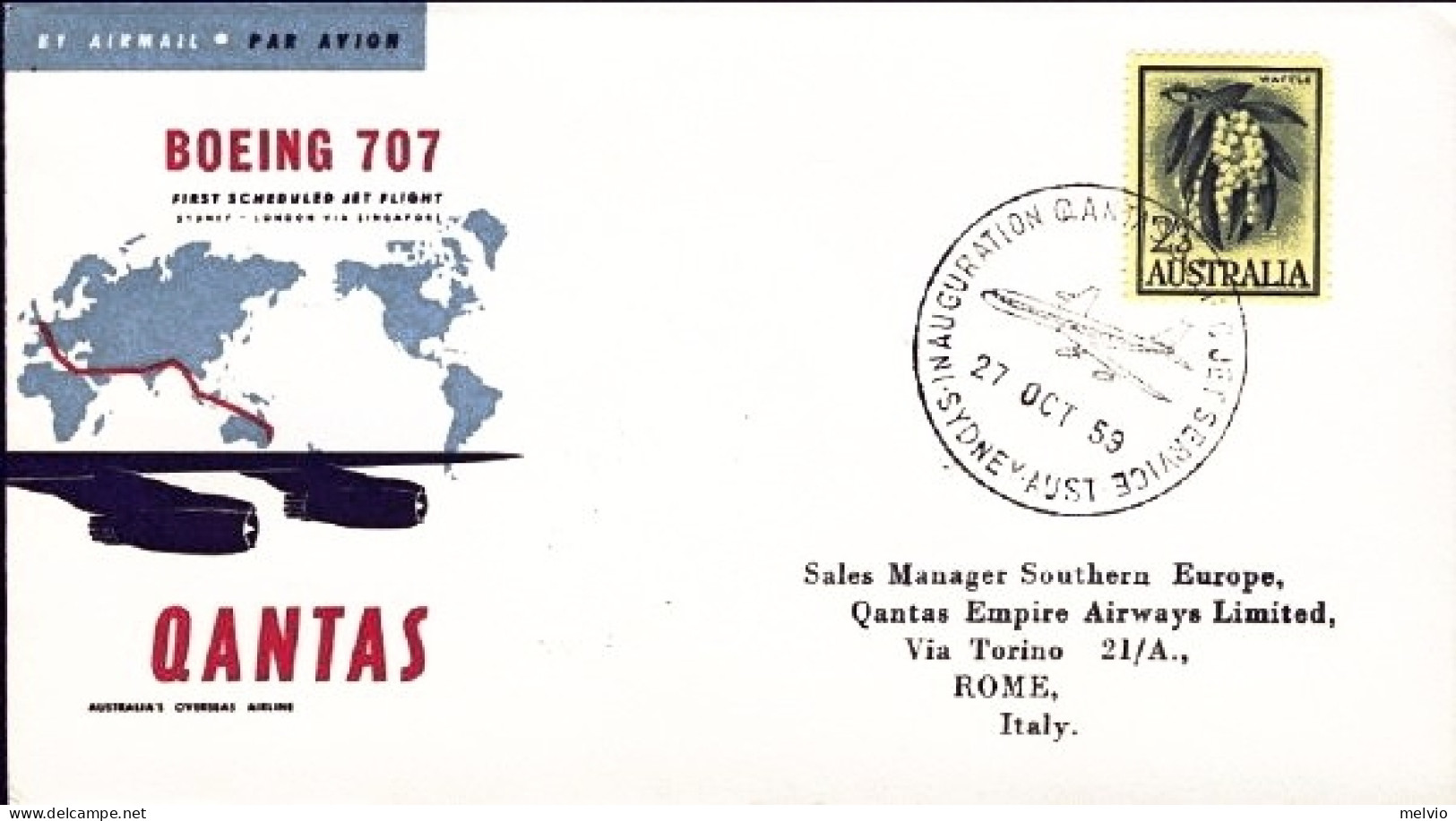 1959-Australia Cat.Pellegrini N.1055 Euro 80, Qantas I^volo Sydney-Roma Del 27 O - Aérogrammes
