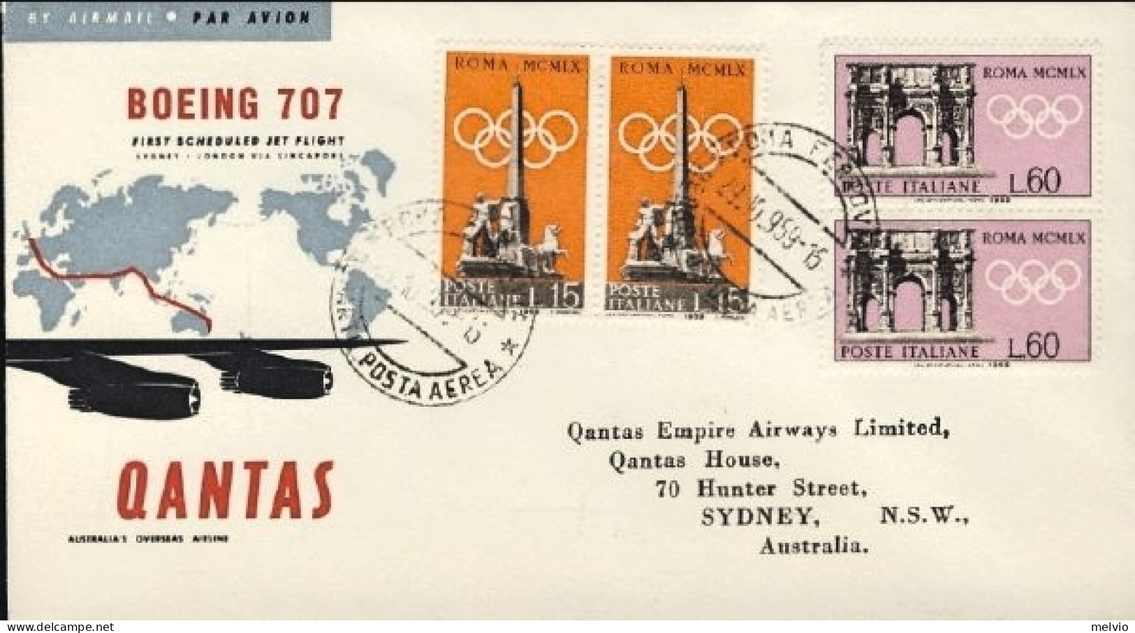 1959-Qantas I^volo Roma-Sydney Boeing 707 Del 29 Ottobre - Poste Aérienne