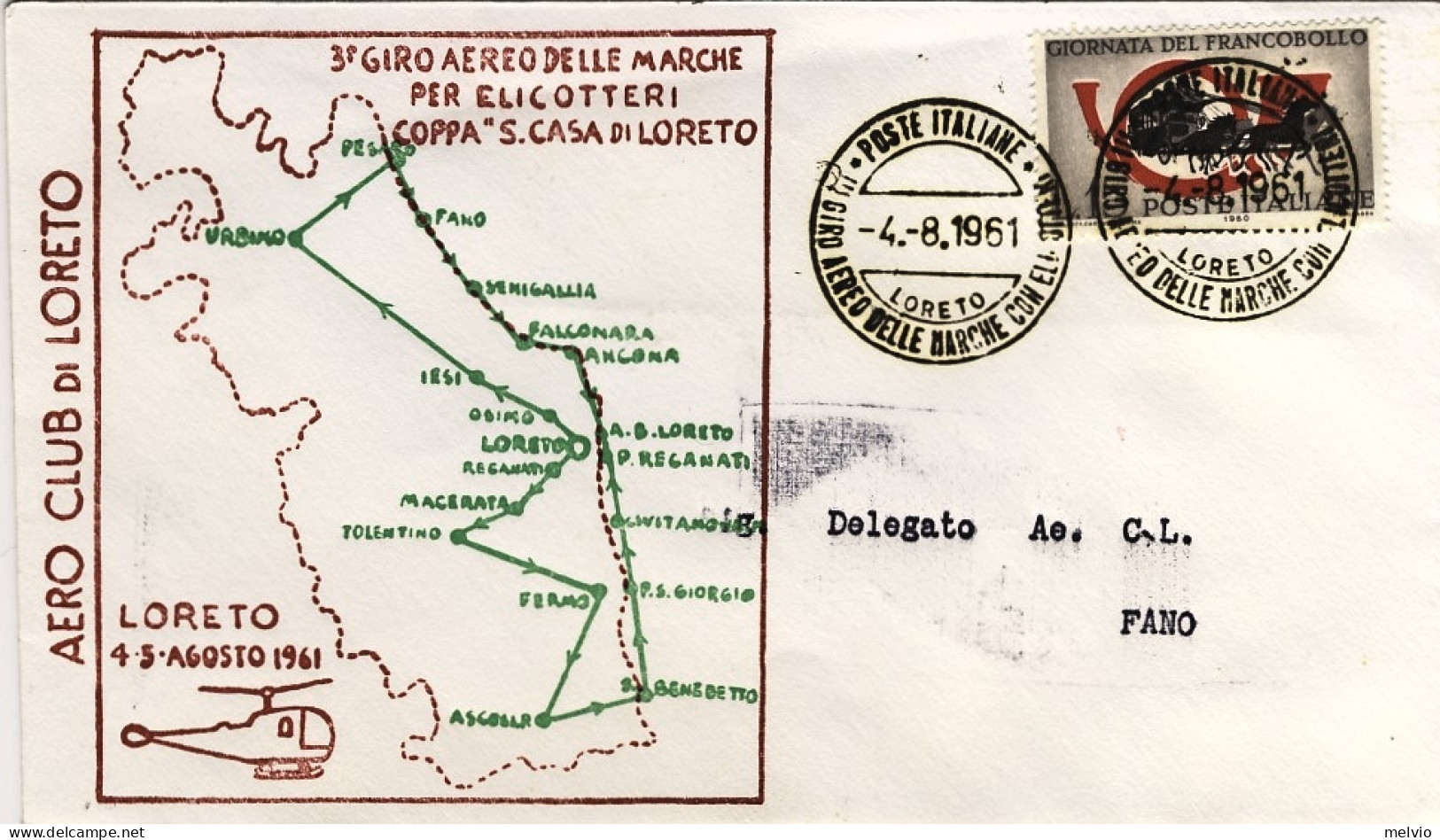 1961-tratta Loreto-Fano 3 Giro Aereo Delle Marche Per Elicotteri Coppa "Santa Ca - Posta Aerea
