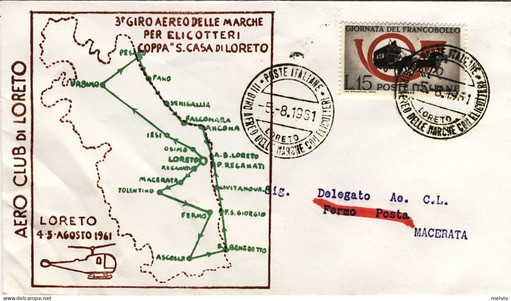1961-tratta Loreto-Macerata 3 Giro Aereo Delle Marche Per Elicotteri Coppa "Sant - Luchtpost