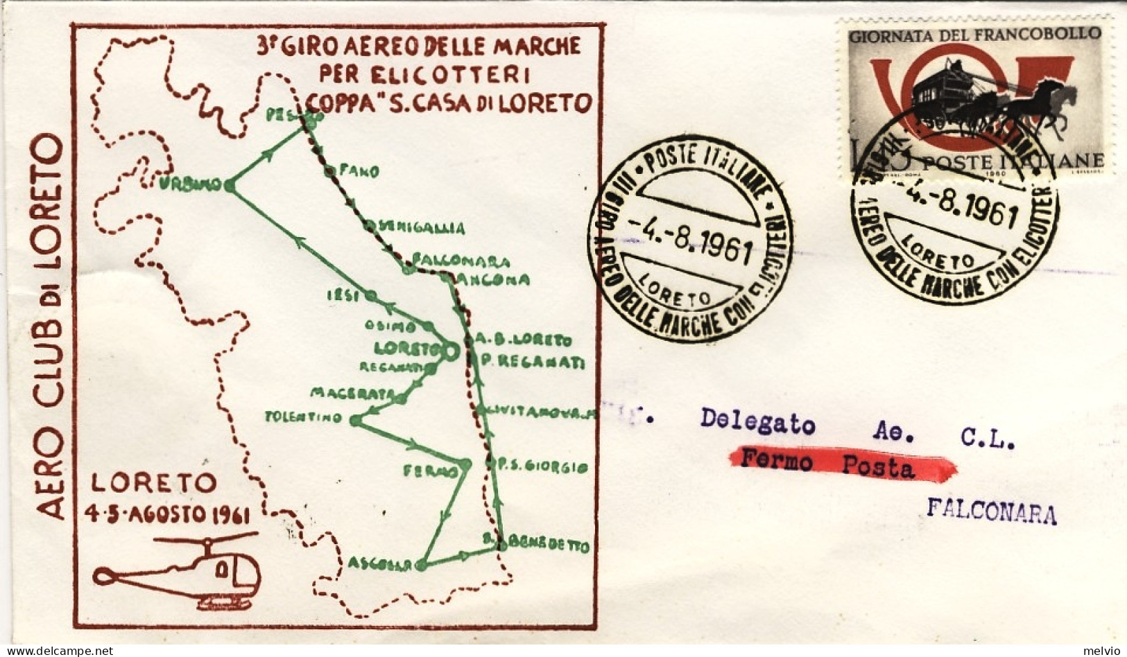 1961-tratta Loreto-Falconara 3 Giro Aereo Delle Marche Per Elicotteri Coppa "San - Posta Aerea