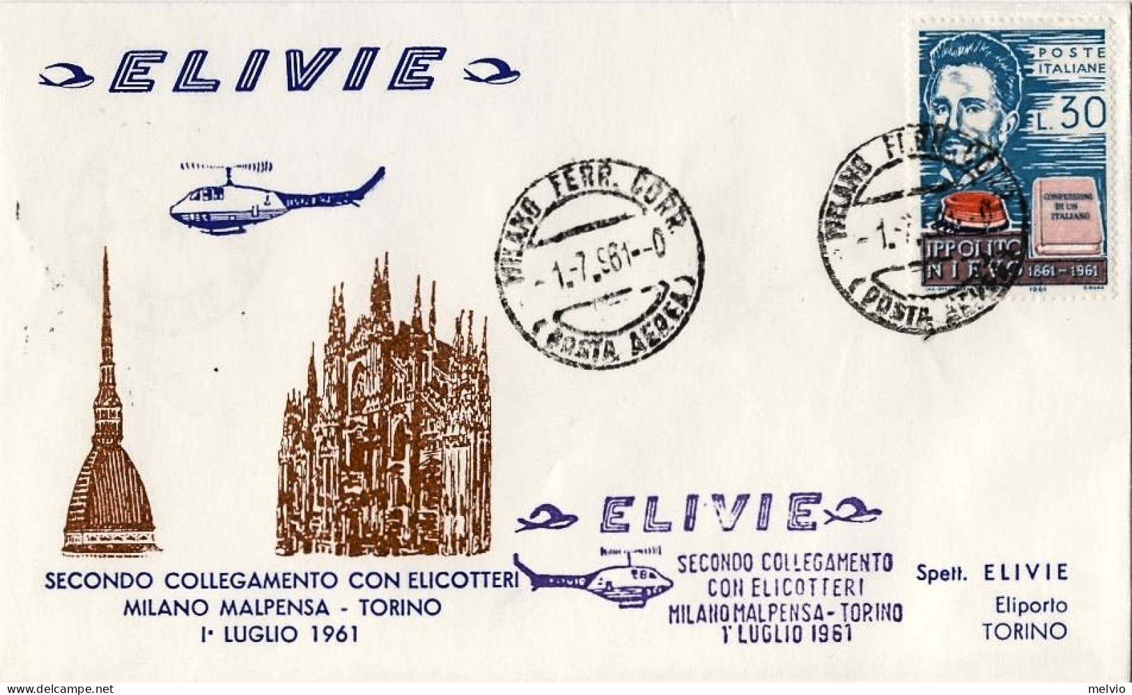 1961-Elivie 2^ Collegamento Con Elicotteri Milano Malpensa-Torino Del 1 Luglio - Poste Aérienne
