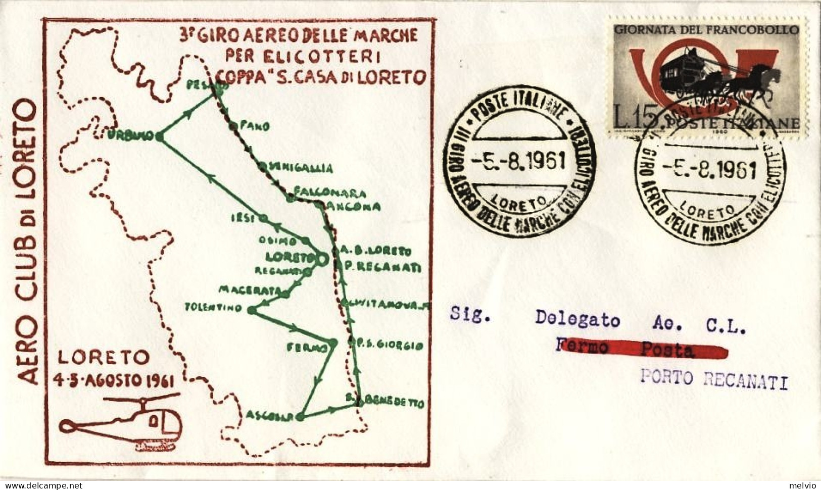 1961-tratta Loreto-Porto Recanati 3 Giro Aereo Delle Marche Per Elicotteri Coppa - Airmail