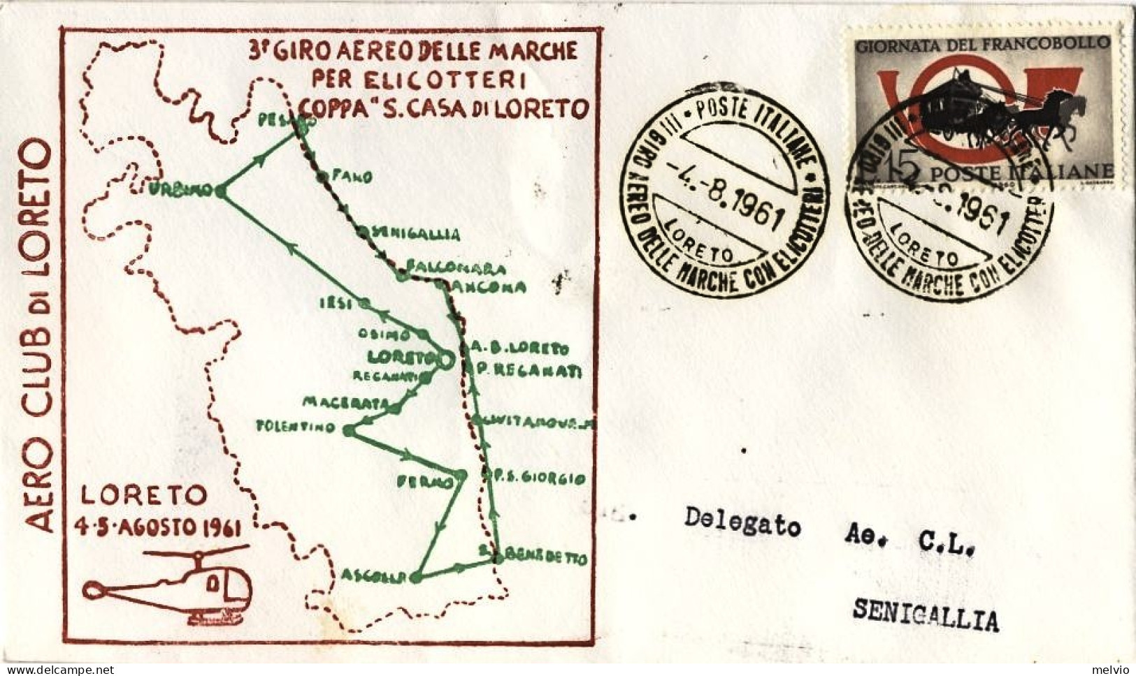 1961-tratta Loreto-Senigallia 3 Giro Aereo Delle Marche Per Elicotteri Coppa "Sa - Poste Aérienne