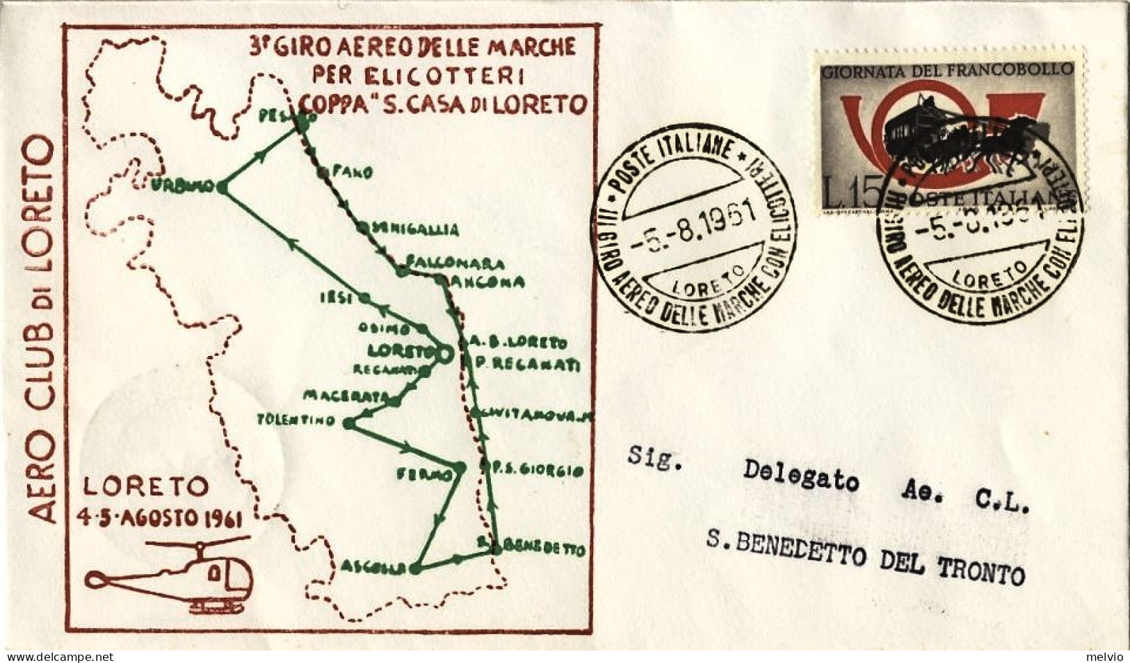 1961-tratta Loreto-San Benedetto Del Tronto 3 Giro Aereo Delle Marche Per Elicot - Airmail