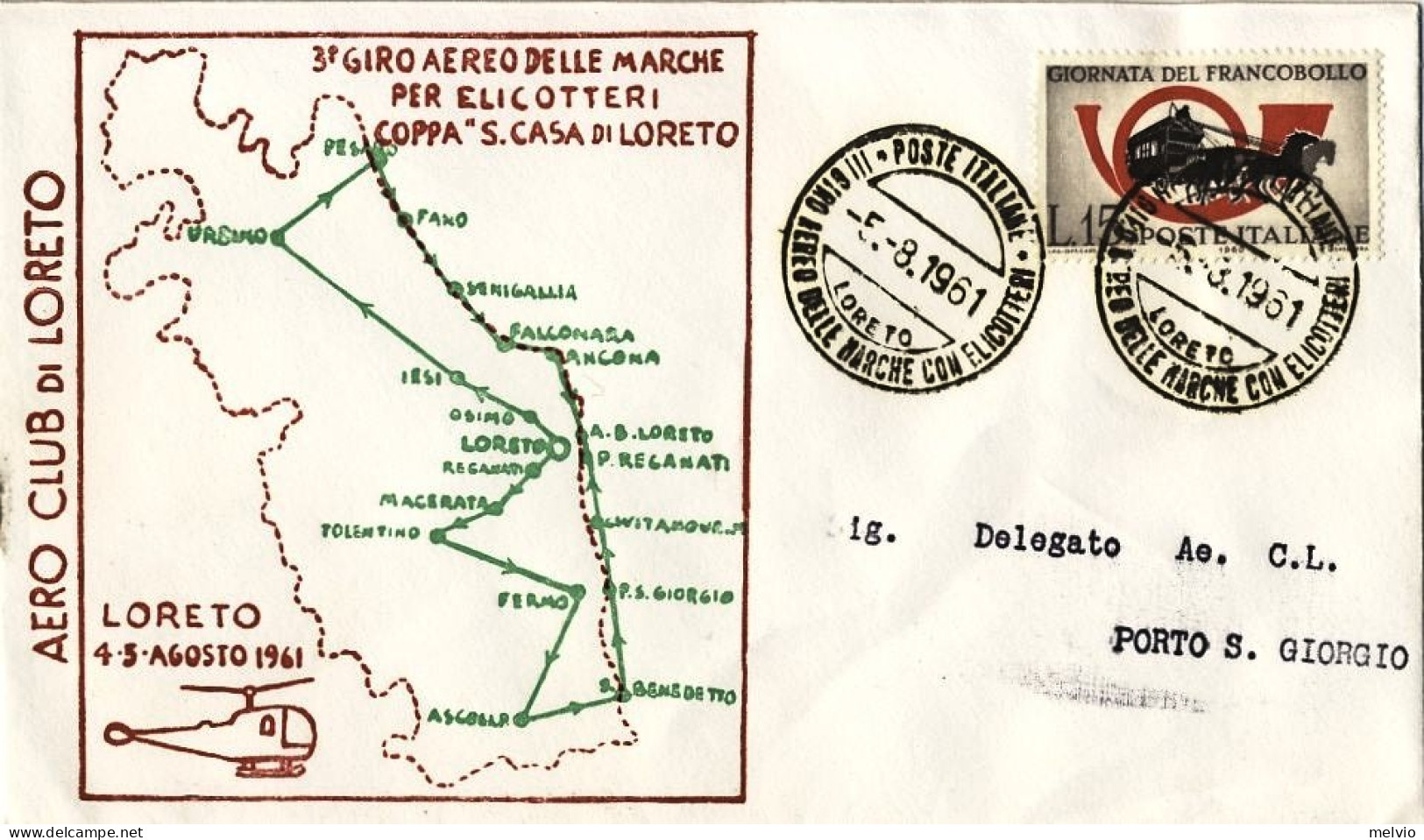 1961-tratta Loreto-Porto San Giorgio 3 Giro Aereo Delle Marche Per Elicotteri Co - Luftpost