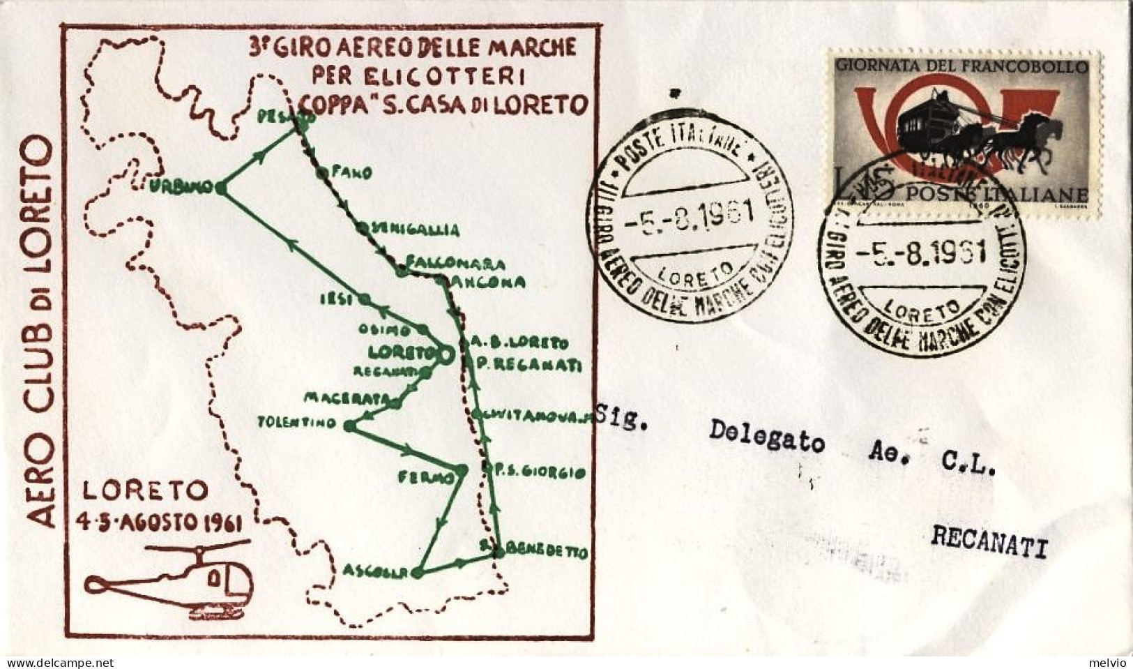 1961-tratta Loreto-Recanati 3 Giro Aereo Delle Marche Per Elicotteri Coppa "Sant - Airmail