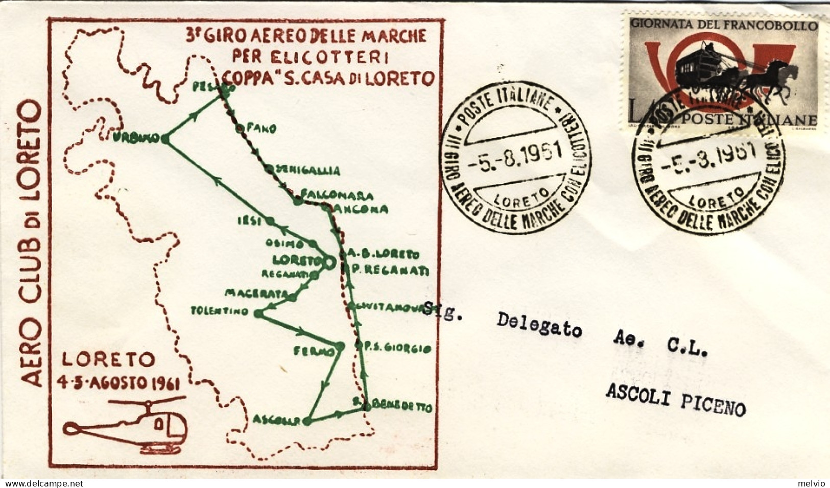 1961-tratta Loreto-Ascoli Piceno 3 Giro Aereo Delle Marche Per Elicotteri Coppa  - Poste Aérienne