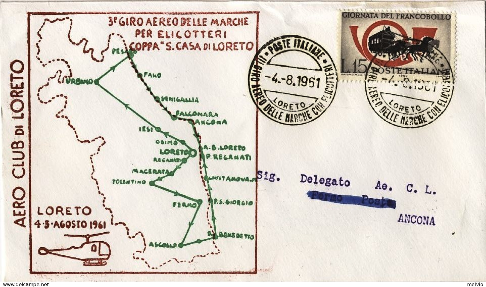 1961-tratta Loreto-Ancona 3 Giro Aereo Delle Marche Per Elicotteri Coppa "Santa  - Poste Aérienne
