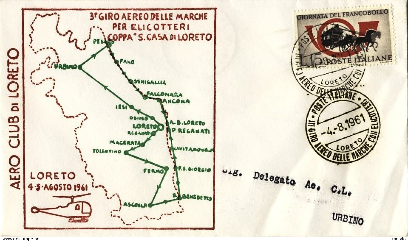 1961-tratta Loreto-Urbino 3 Giro Aereo Delle Marche Per Elicotteri Coppa "Santa  - Airmail