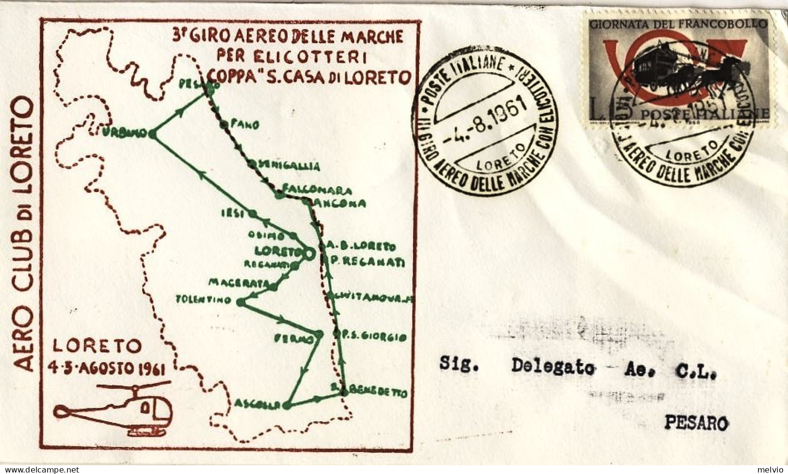 1961-tratta Loreto-Pesaro 3 Giro Aereo Delle Marche Per Elicotteri Coppa "Santa  - Airmail