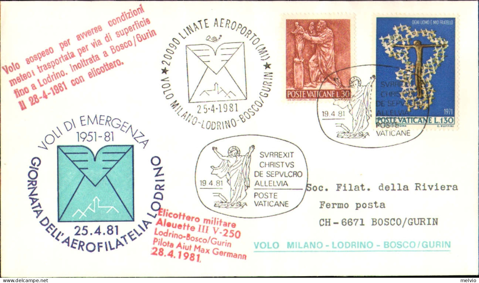 Vaticano-1981  Volo Milano-Lodrino-Bosco/Gurin - Posta Aerea