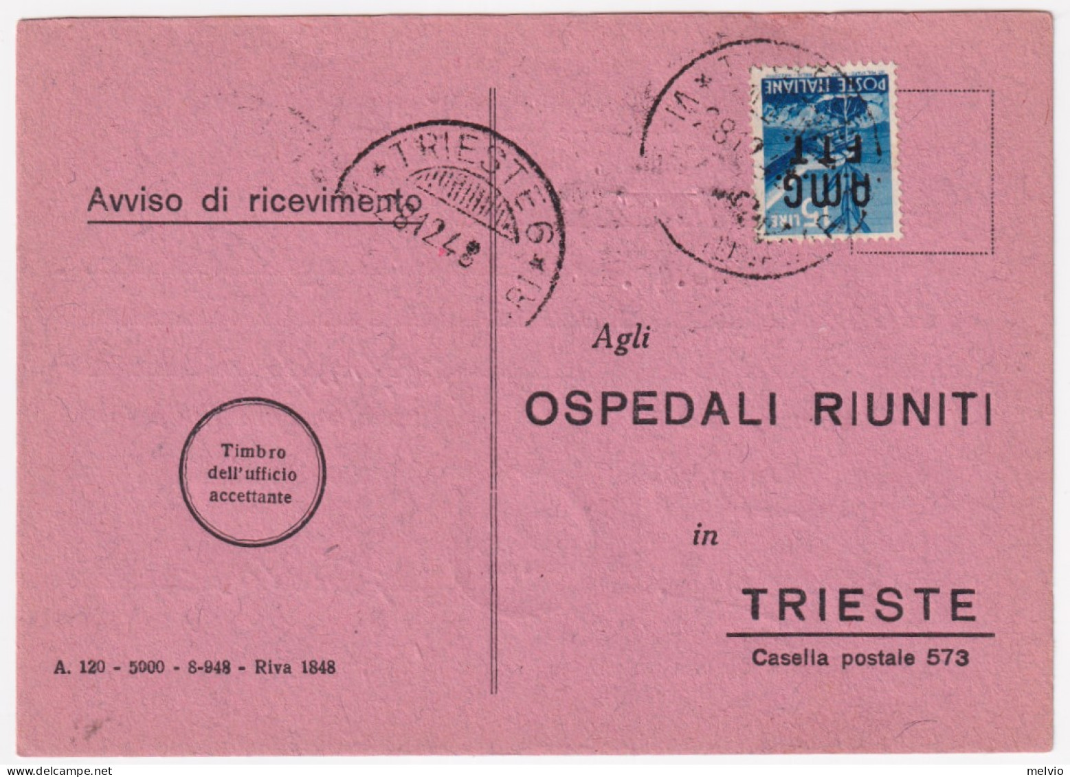 1948-A.M.G.-F.T.T. Democratica Lire 15 (12) Isolato Su Avviso Ricevimento - Poststempel