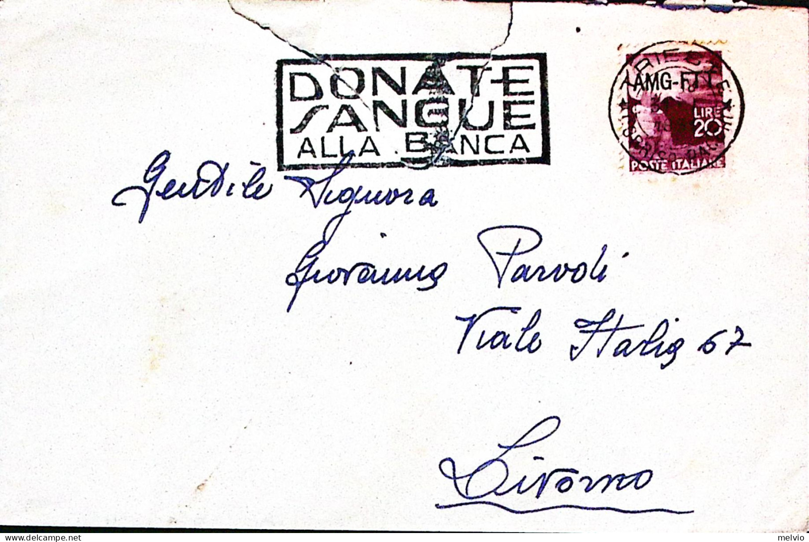 1950-AMG-FTT TRIESTE + Donate Il Sangue Alla Banca Annullo A Targhetta Su Busta  - Marcofilía