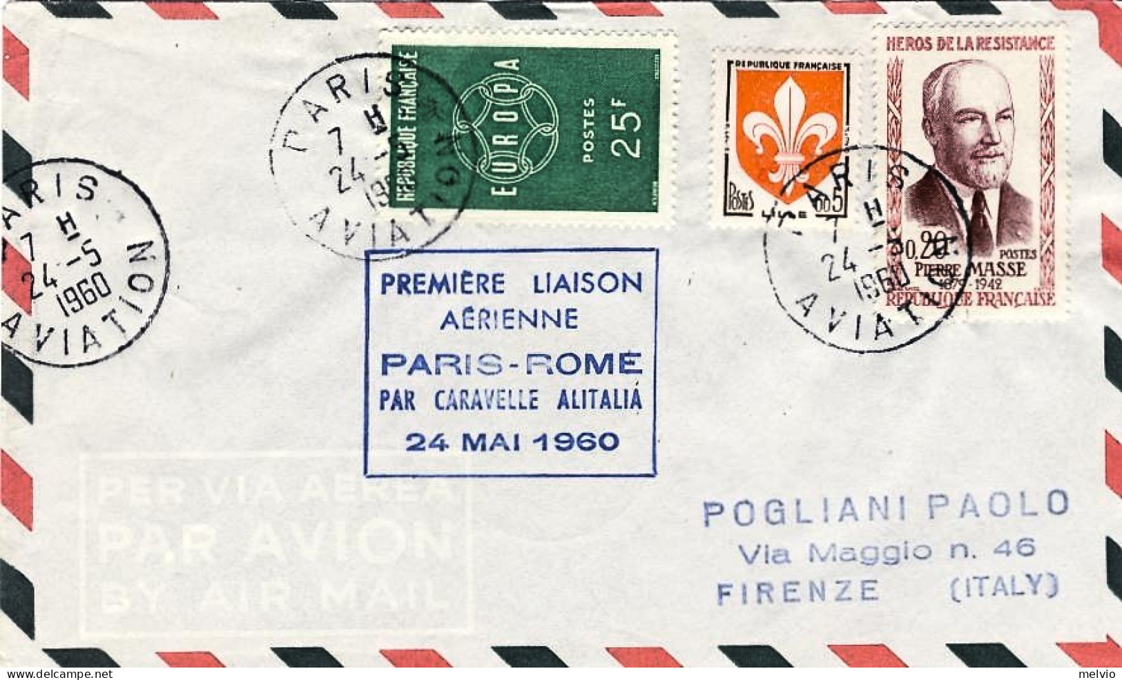 1960-France Francia I^volo Caravelle Alitalia Parigi Roma Del 24 Maggio - Other & Unclassified