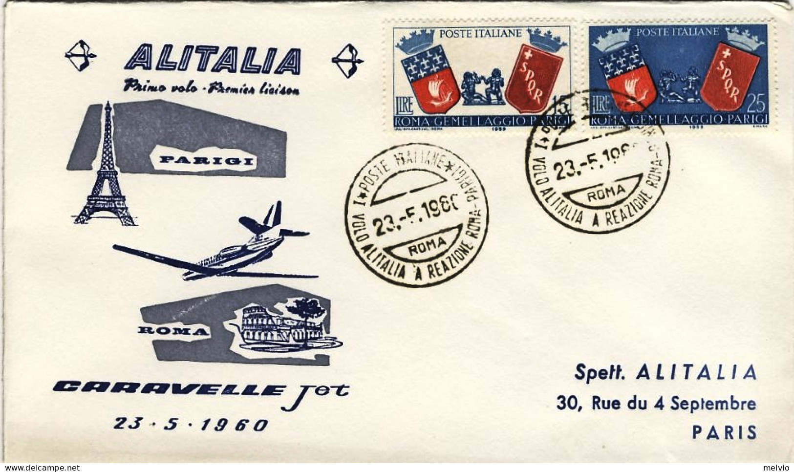 1960-Alitalia I^volo Caravelle Jet Roma Parigi Dal 23 Maggio - Posta Aerea