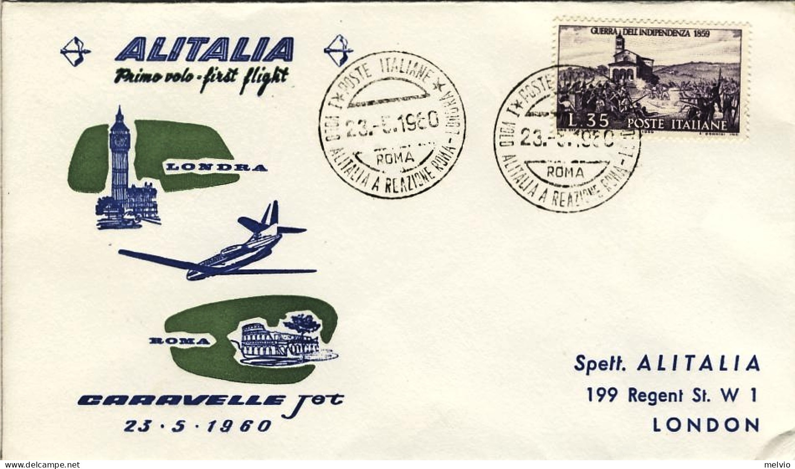 1960-Alitalia I^volo Caravelle Jet Roma-Londra Del 23 Maggio - Correo Aéreo
