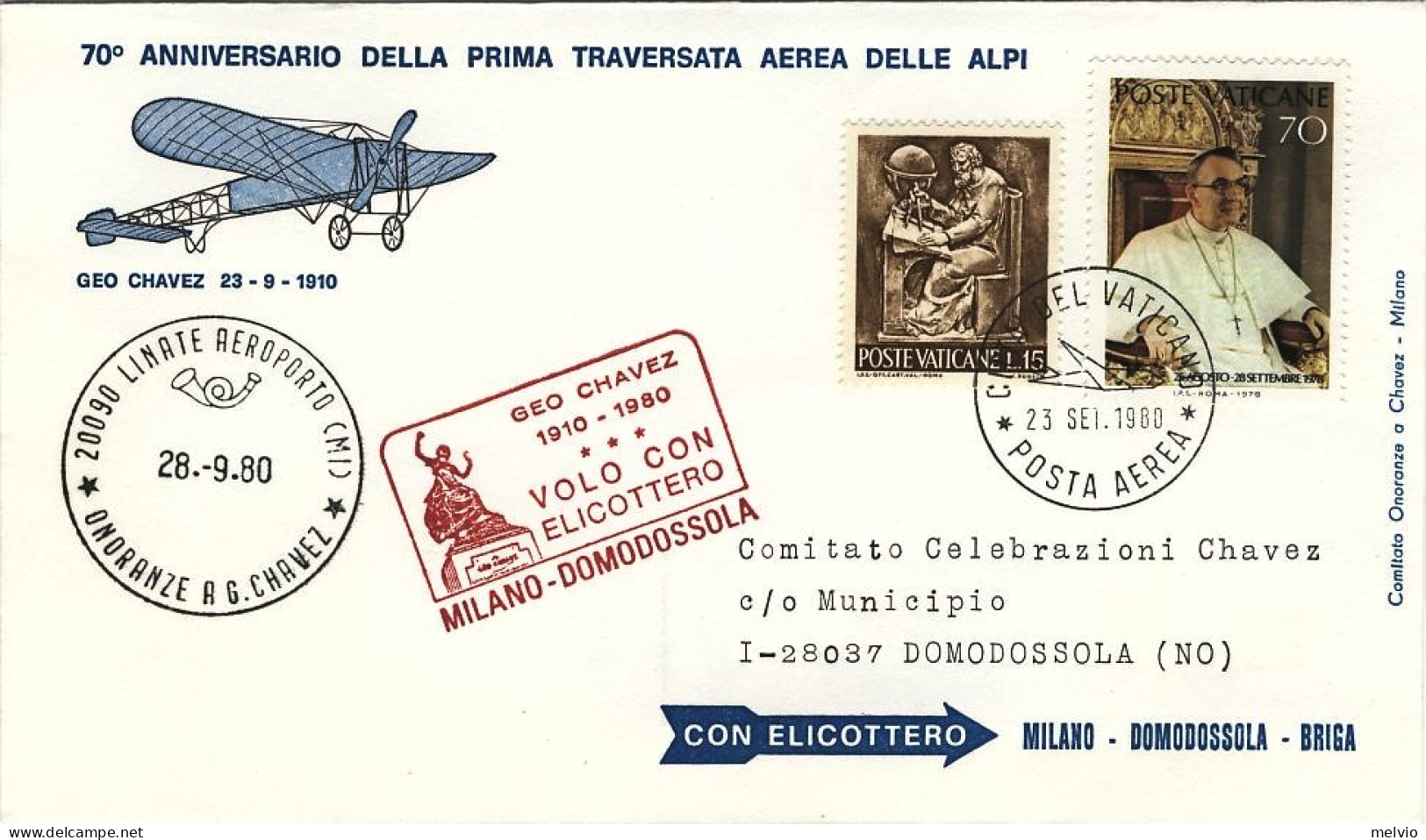 Vaticano-1980 Lettera Illustrata Anniversario Della Prima Traversata Aerea Delle - Aéreo